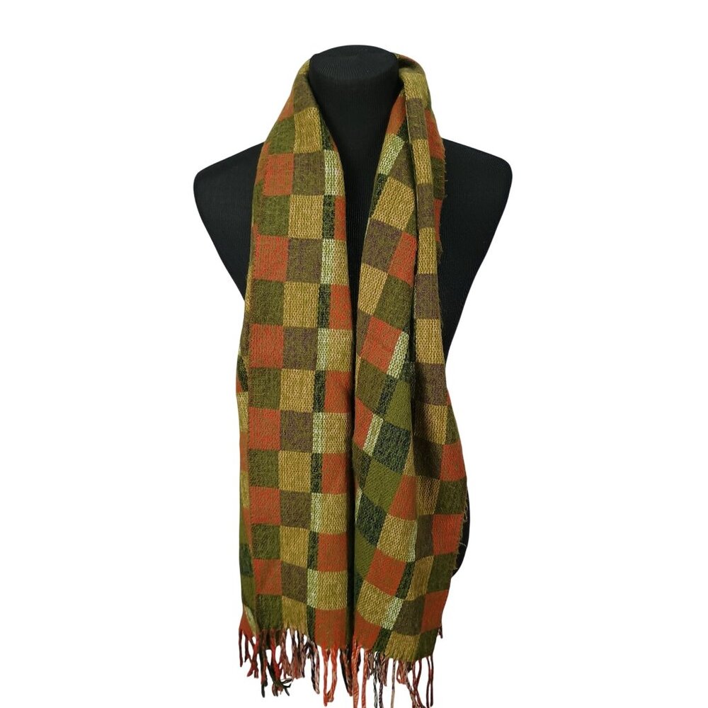 Handwoven Checkered Scarf Fall Autumn Colors Fringed Ends